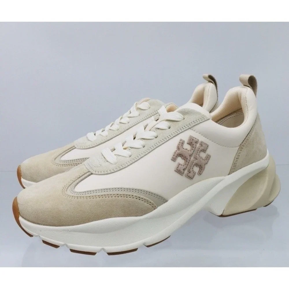 (38)Tory Burch Good Luck Trainer Sneakers - Ivory/ Toupe- Women's Size 13 M